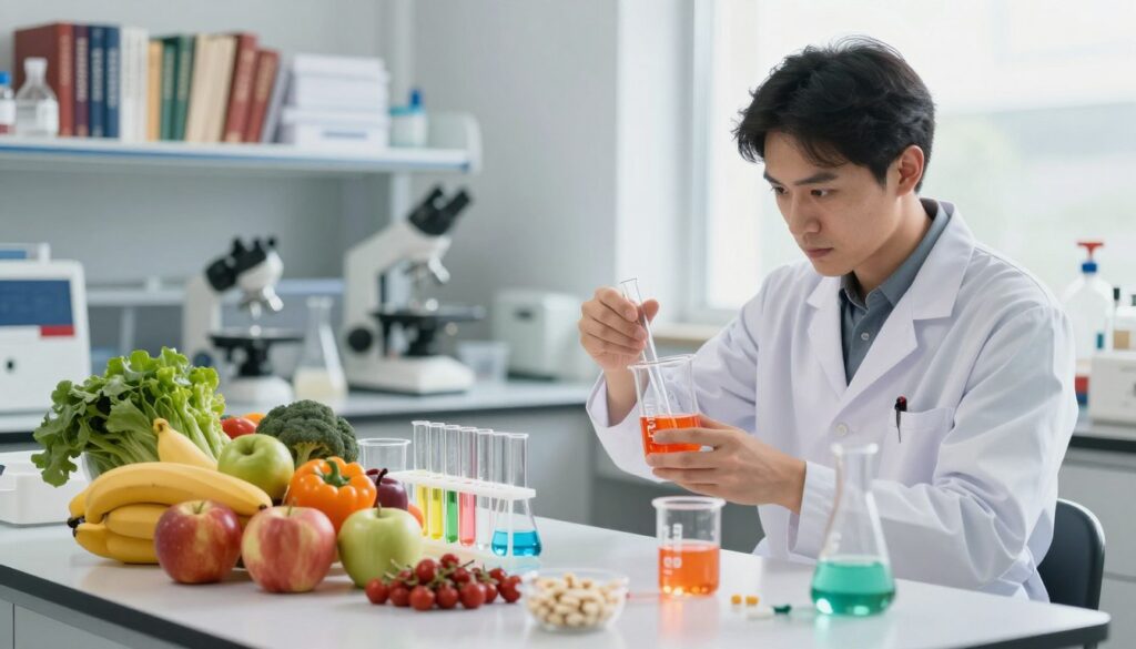 A detailed, scientific representation of a laboratory setting focused on lowering CRP levels in the body. In the foreground, include a scientist in professional attire mixing vibrant liquids in beakers, with a look of concentration. In the middle, display a table filled with fresh fruits, vegetables, and healthy supplements, symbolizing natural remedies. The background features shelves lined with scientific books and equipment, softly illuminated by natural light streaming through a window, creating a calm and inspiring atmosphere. The color palette should be bright and inviting, emphasizing health and wellness. The composition should be clear and balanced, capturing the essence of a proactive approach to health management.