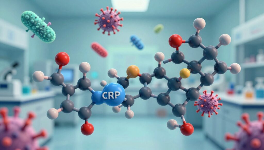 A detailed scientific visualization of C-reactive protein (CRP) at the molecular level, showcasing its structure and appearance in vibrant colors. In the foreground, display a 3D molecular model of CRP, highlighting its protein chains and dynamic conformation. In the middle, include stylized illustrations of bacteria and viruses, subtly integrated to represent their interaction with CRP in the immune response. The background should feature an abstract representation of a laboratory setting, with soft blue and green tones creating a clinical atmosphere. Use focused lighting to accentuate the molecular details, giving the image depth and realism. The overall mood should convey a sense of scientific discovery and importance in the diagnosis of infections.
