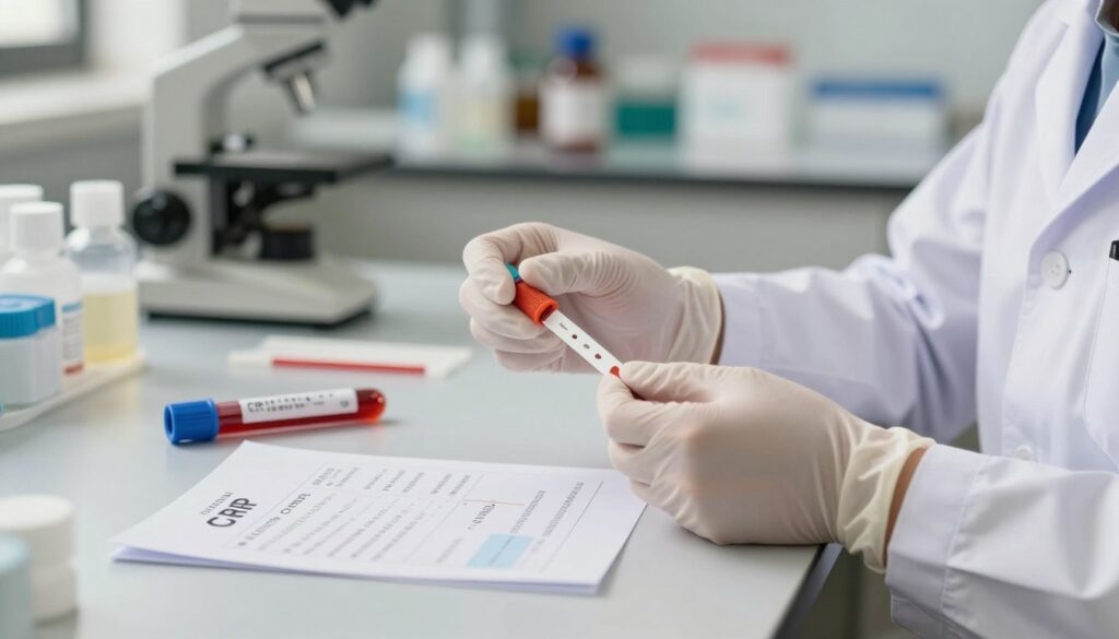 A detailed, step-by-step instruction guide for performing a CRP test. The foreground features a neatly organized workspace with a lab table showcasing essential test materials: a blood sample, test strips, and a simple instruction sheet. In the middle, a pair of gloved hands expertly handling the test materials, demonstrating precise actions. The hands of a healthcare professional, dressed in modest, professional attire, are engaged in the process, emphasizing care and accuracy. The background subtly fades into a soft-focus laboratory setting with shelves filled with medical supplies, illuminated by warm, natural lighting to create an inviting and professional atmosphere. The overall mood is informative and reassuring, inviting readers to understand the process clearly without any distractions or text. A detailed, step-by-step instruction guide for performing a CRP test. The foreground features a neatly organized workspace with a lab table showcasing essential test materials: a blood sample, test strips, and a simple instruction sheet. In the middle, a pair of gloved hands expertly handling the test materials, demonstrating precise actions. The hands of a healthcare professional, dressed in modest, professional attire, are engaged in the process, emphasizing care and accuracy. The background subtly fades into a soft-focus laboratory setting with shelves filled with medical supplies, illuminated by warm, natural lighting to create an inviting and professional atmosphere. The overall mood is informative and reassuring, inviting readers to understand the process clearly without any distractions or text.