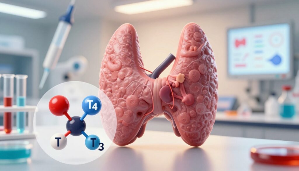 A detailed visualization of thyroid hormones in a scientific context. In the foreground, a digitally rendered, labeled illustration of thyroid hormones like thyroxine (T4) and triiodothyronine (T3) in vibrant colors set against a sleek lab background. The middle layer features an anatomical representation of the thyroid gland, intricately detailed, emphasizing its structure. In the background, a blurred laboratory setting with test tubes, pipettes, and health data charts, softly illuminated by warm lighting to create a professional atmosphere. The composition should convey a sense of discovery and health monitoring, with an engaging yet informative mood. The focal point should draw attention to the hormones and their significance in health assessment.