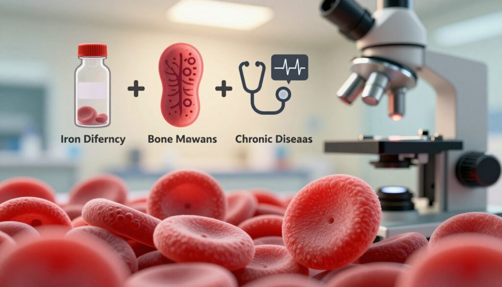 A dramatic medical illustration depicting the causes of decreased erythrocyte levels. In the foreground, a close-up of a healthy blood sample highlighting vibrant red blood cells under a microscope. In the middle ground, visual representations of various causes, such as iron deficiency (portrayed by an empty iron bottle), bone marrow disorders (illustrated with a stylized skeletal structure), and chronic diseases represented by medical icons like a stethoscope and a heartbeat monitor. The background should include a soft-focus hospital or laboratory setting with warm lighting, creating an informative yet serious atmosphere. Use a macro lens effect to enhance the microscopic view and convey the theme of health and medical research.