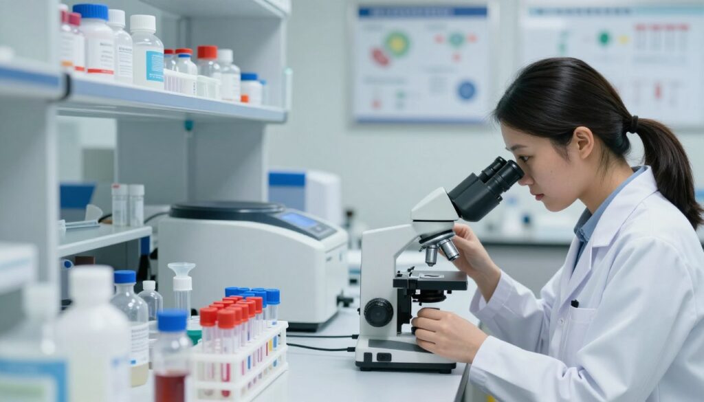 A focused laboratory scene depicting serological tests for Lyme disease, featuring a clean, modern lab environment. In the foreground, a professional looking healthcare worker in a lab coat is examining a sample under a microscope, with vials and testing equipment organized neatly around them. The middle ground contains test tubes with colorful serological reagents and a centrifuge, suggesting active analysis. The background shows shelves stocked with medical supplies and a bulletin board with relevant scientific charts. Soft, ambient lighting illuminates the scene, creating a clinical yet inviting atmosphere, while a shallow depth of field emphasizes the foreground activities and softens the background details. The overall mood is professional and focused on scientific discovery.