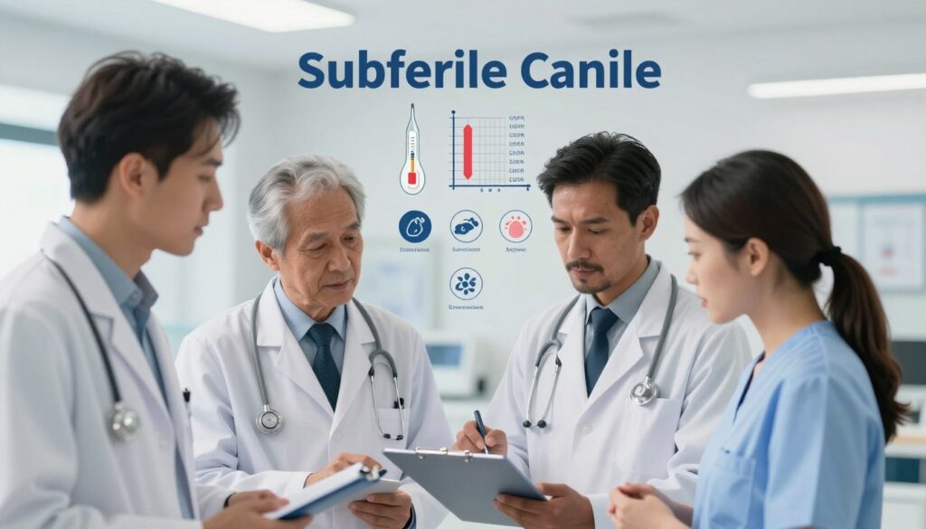 A focused medical illustration depicting the most common causes of subfebrile temperature. In the foreground, a diverse group of professionals, including a doctor and a nurse, discussing over a medical chart, both dressed in professional business attire, highlighting collaboration in healthcare. The middle layer features visible elements representing the causes: a thermometer, a chart showing CRP levels, and icons depicting respiratory infections, autoimmune disorders, and other common illnesses. The background should have a clean, modern clinic environment with soft lighting that creates a calm and focused atmosphere. Use a slight depth of field to emphasize the professionals while softly blurring the background, creating a sense of importance around the discussion of subfebrile temperature causes.