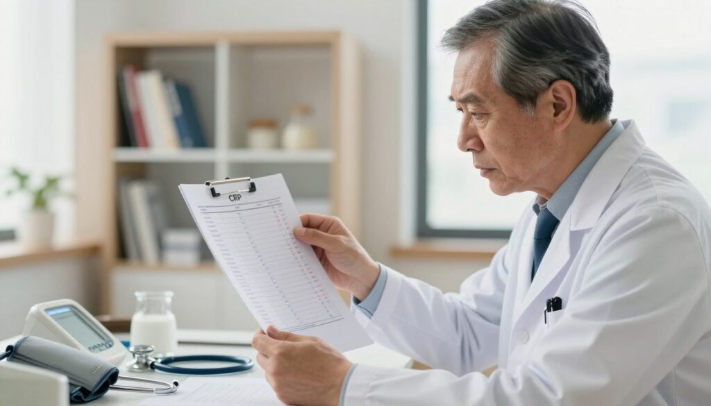 A healthcare professional, a middle-aged doctor wearing a white lab coat, intently examining a chart with elevated CRP levels in a well-lit hospital consultation room. In the foreground, a close-up shot of the doctor's concerned expression, highlighting the seriousness of the situation. In the middle ground, the chart displays blood test results with a clear indicator of high CRP levels, surrounded by medical equipment like a stethoscope and a blood pressure monitor. In the background, soft-focus shelves filled with medical books and supplies create a calm, clinical environment. Natural light streams in through a window, adding a warm, hopeful atmosphere, emphasizing the urgency of medical consultation without being alarming.