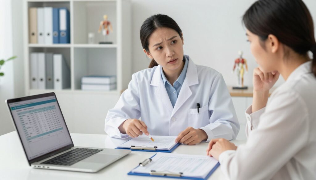 A healthcare professional, dressed in a white lab coat and professional attire, is discussing blood test results with a patient in a well-lit, modern medical office. The foreground features a table with a laptop displaying a blood test report and various medical charts. In the middle, the healthcare professional points to a highlighted section of the report, while the patient, appearing concerned yet engaged, listens intently. The background reveals a clean, organized office environment with shelves of medical books and anatomical models, contributing to a professional atmosphere. The lighting is soft yet bright, reflecting a sense of clarity and focus, capturing the urgency and importance of medical consultations regarding blood test results.