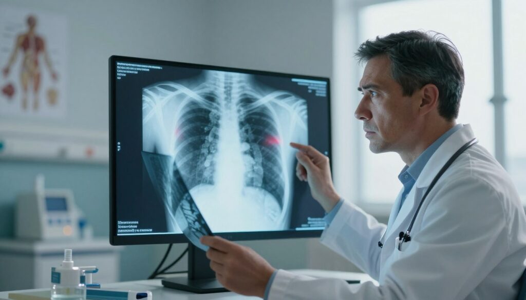 A healthcare professional in a white lab coat examines a chest X-ray displayed on a digital screen, illustrating the concept of asymptomatic pneumonia. In the foreground, the focused doctor analyzes the X-ray, showcasing concern and curiosity. The middle section features the glowing screen with visible lung patterns that suggest infection, depicted with subtle red highlights to indicate inflammation. The background includes a softly lit hospital environment with medical equipment and anatomical diagrams on the walls, creating a clinical atmosphere. Natural light filters through the window, enhancing the mood of contemplation and seriousness regarding hidden health issues. No texts or symbols are present, ensuring a clean and professional presentation.