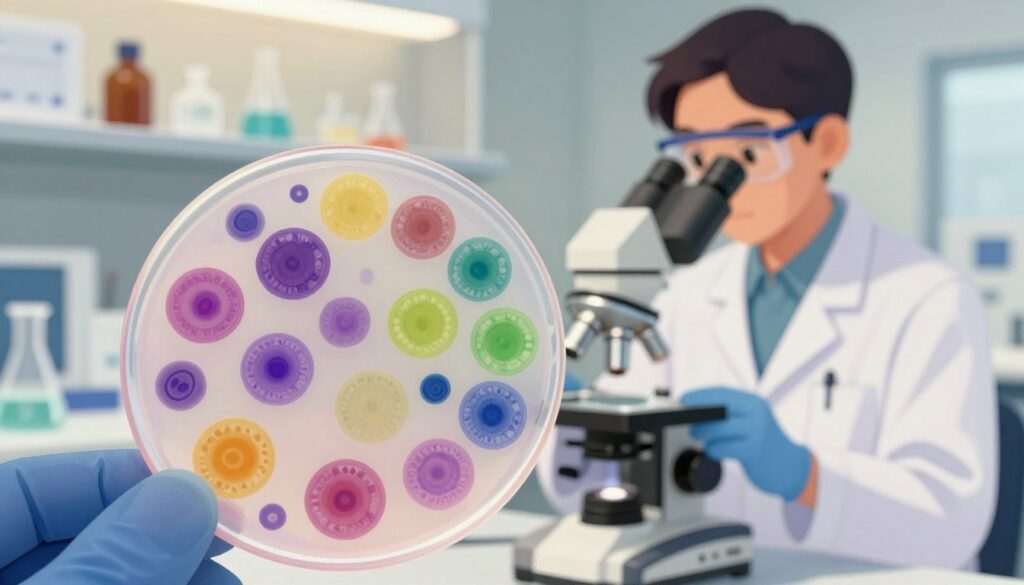 A highly detailed illustration of a leukogram interpretation, showcasing a vibrant and colorful display of white blood cells in a laboratory setting. In the foreground, a clear microscope slide is visible, exhibiting a well-prepared smear of leukocytes with distinct staining patterns, highlighting various types such as neutrophils, lymphocytes, monocytes, eosinophils, and basophils. The middle ground features a professional scientist in a lab coat, examining the slide under a microscope, with focused expression, wearing protective eyewear. In the background, a softly illuminated laboratory environment with shelves of lab equipment and reagents adds to the scientific atmosphere. The image should evoke a sense of curiosity and professionalism, with a warm, inviting lighting scheme to enhance the educational aspect of the leukogram study.