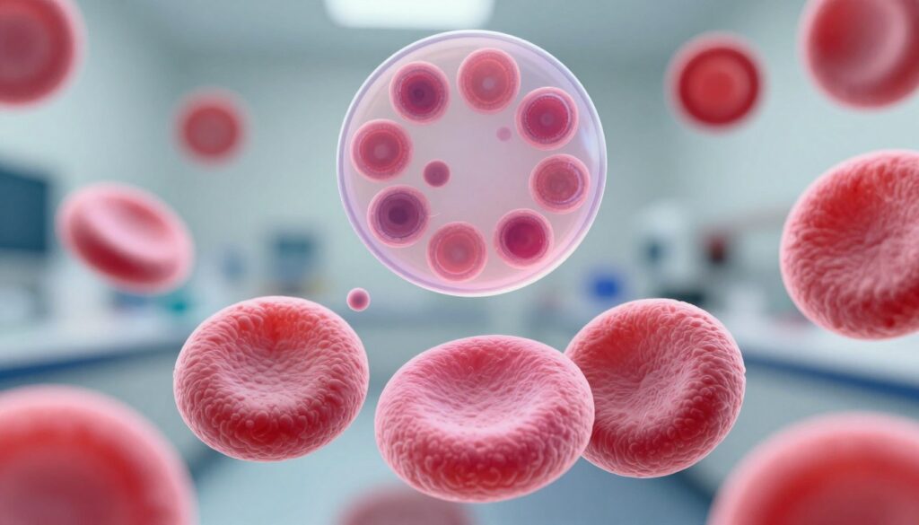 A highly detailed illustration of blood platelets, showcasing their structure and size. In the foreground, depict several platelets in vibrant shades of pink and red, highlighting their unique disc-like shape and granular surface texture. In the middle ground, display a magnified view of a blood smear, with a focus on the variation in platelet volume, surrounded by small red blood cells for contrast. The background should feature a blurred representation of a laboratory setting, with soft, natural lighting to create a clean and scientific atmosphere. Use a macro lens perspective to emphasize the intricate details of the platelets. Aim for a clear and educational composition that conveys the importance of platelet morphology in a clinical context. A highly detailed illustration of blood platelets, showcasing their structure and size. In the foreground, depict several platelets in vibrant shades of pink and red, highlighting their unique disc-like shape and granular surface texture. In the middle ground, display a magnified view of a blood smear, with a focus on the variation in platelet volume, surrounded by small red blood cells for contrast. The background should feature a blurred representation of a laboratory setting, with soft, natural lighting to create a clean and scientific atmosphere. Use a macro lens perspective to emphasize the intricate details of the platelets. Aim for a clear and educational composition that conveys the importance of platelet morphology in a clinical context.
