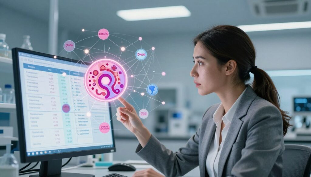 A highly detailed illustration of the ROMA algorithm, visually represented as a complex network of interconnected nodes and data points, highlighting its role in assessing ovarian cancer risk. In the foreground, a professional woman in business attire, examining a digital display of the algorithm, her expression focused and analytical. The middle ground features a translucent overlay of blood test results and relevant biological markers related to ovarian cancer. The background conveys a modern laboratory setting, with soft, ambient lighting that creates a calm and serious atmosphere. Use a dynamic angle to emphasize depth and complexity in the visualization of the algorithm, ensuring a professional and informative mood throughout the image.
