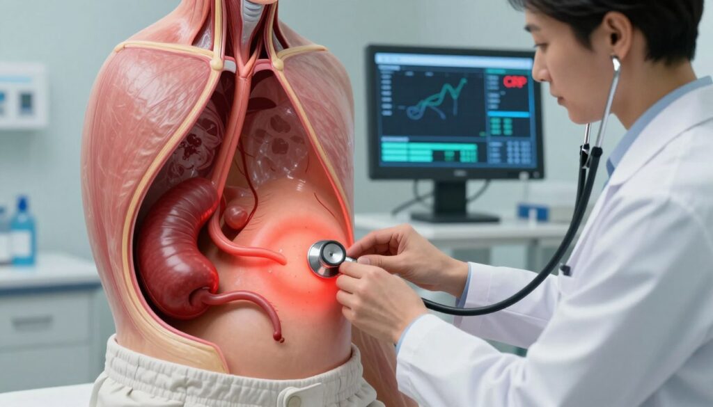 A highly detailed medical illustration depicting the inflamed appendix, known as appendicitis. Set in a clinical environment, focus on a realistic anatomical view of the human abdomen with the highlighted area of the inflamed appendix, showcasing redness and swelling. The foreground features a professional medical doctor in a white coat, examining a patient’s abdomen using a stethoscope, exemplifying diagnostics. In the middle ground, a digital screen displays relevant medical data, like CRP levels, symbolizing its diagnostic importance. The background should be a sterile hospital setting with soft, focused lighting to create a calm and informative atmosphere. Use a slight angle from above to capture the complexity of the situation while ensuring clarity and professionalism throughout the composition.