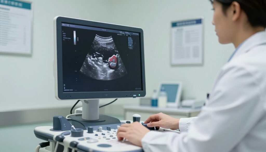 A highly detailed ultrasound image of a thyroid gland, showcasing its structure and function. The foreground features a clear view of the thyroid with realistic textures and anatomical details, including lobes and isthmus. In the middle, a medical professional, dressed in a crisp white lab coat, stands by the ultrasound machine, attentively adjusting settings while studying the screen. The background displays a sterile clinic environment with medical charts and a soft, diffused light illuminating the space, creating a clinical and focused atmosphere. The angle captures both the ultrasound monitor and the medical professional, emphasizing the diagnostic process. The overall mood is one of professionalism and precision in medical diagnostics.
