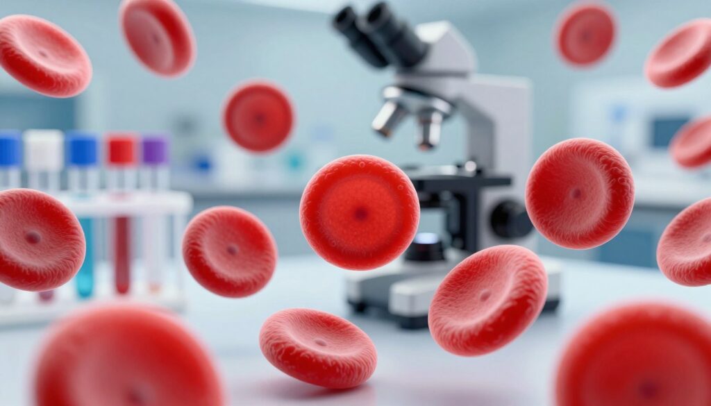 A highly detailed visualization of red blood cell indices, prominently featuring a variety of red blood cells under a microscope. In the foreground, depict a detailed microscopic view showcasing healthy erythrocytes in vibrant shades of red and ruby, illustrating their bi-concave shapes. The middle ground should have a subtly blurred laboratory setting, with test tubes and a microscope adding context to a clinical environment. In the background, soft lighting creates a sterile atmosphere, emphasizing clarity and focus on the red blood cells. Use a macro lens perspective that captures the intricacies of the cell membranes, highlighting the importance of these parameters in diagnosing anemia. The mood should be informative and clinical, providing clarity and professionalism in the subject matter.