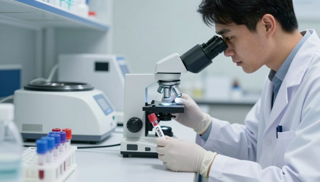 A laboratory setting featuring a close-up of a blood sample test for CRP levels in a glass vial placed on a sterile white counter. In the foreground, a professional medical technician in a lab coat and gloves examines the vial using a bright LED microscope, with a focused expression. The background includes a neatly organized lab with medical equipment, such as centrifuges and test tubes, softly blurred to emphasize the technician's work. Illuminate the scene with bright, clinical lighting, creating a sense of urgency and precision. The atmosphere conveys a serious yet hopeful approach to diagnosing inflammatory conditions, highlighting the importance of blood testing in medical analysis.