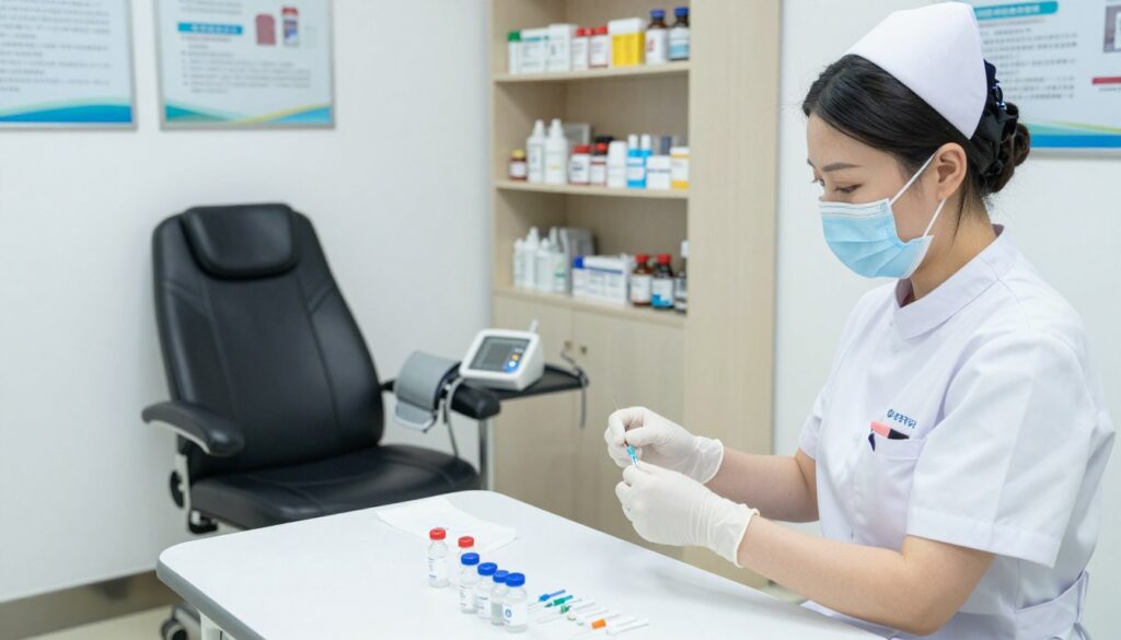 A medical examination room with bright, sterile lighting, showcasing the preparation for a CRP blood test. In the foreground, a nurse in professional attire is arranging medical equipment, including sterilized needles and vials, on a clean examination table. The middle ground features a comfortable patient chair and a blood pressure monitor, emphasizing a welcoming yet clinical environment. In the background, shelves filled with medical supplies and informative posters about CRP testing offer depth to the scene. The overall atmosphere is calm and professional, conveying a sense of readiness for the procedure, with a focus on cleanliness and efficiency. The image captures the essence of preparing for a blood draw, highlighting the importance of patient care.