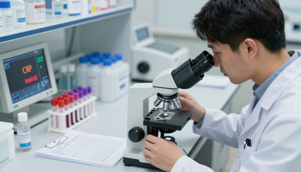 A medical laboratory setting focused on blood tests for bladder infection diagnosis. In the foreground, a healthcare professional in a white lab coat, examining blood samples under a microscope, is depicted with focused determination. In the middle ground, a table with test tubes, clinical paperwork, and a digital display showing elevated CRP levels related to urinary tract infections. The background reveals shelves lined with medical equipment and supplies. The lighting is bright and clinical, evoking a sterile atmosphere. The angle is slightly overhead, capturing the professional and focused environment. The mood is serious yet investigative, emphasizing the importance of blood tests in identifying infections. A medical laboratory setting focused on blood tests for bladder infection diagnosis. In the foreground, a healthcare professional in a white lab coat, examining blood samples under a microscope, is depicted with focused determination. In the middle ground, a table with test tubes, clinical paperwork, and a digital display showing elevated CRP levels related to urinary tract infections. The background reveals shelves lined with medical equipment and supplies. The lighting is bright and clinical, evoking a sterile atmosphere. The angle is slightly overhead, capturing the professional and focused environment. The mood is serious yet investigative, emphasizing the importance of blood tests in identifying infections.
