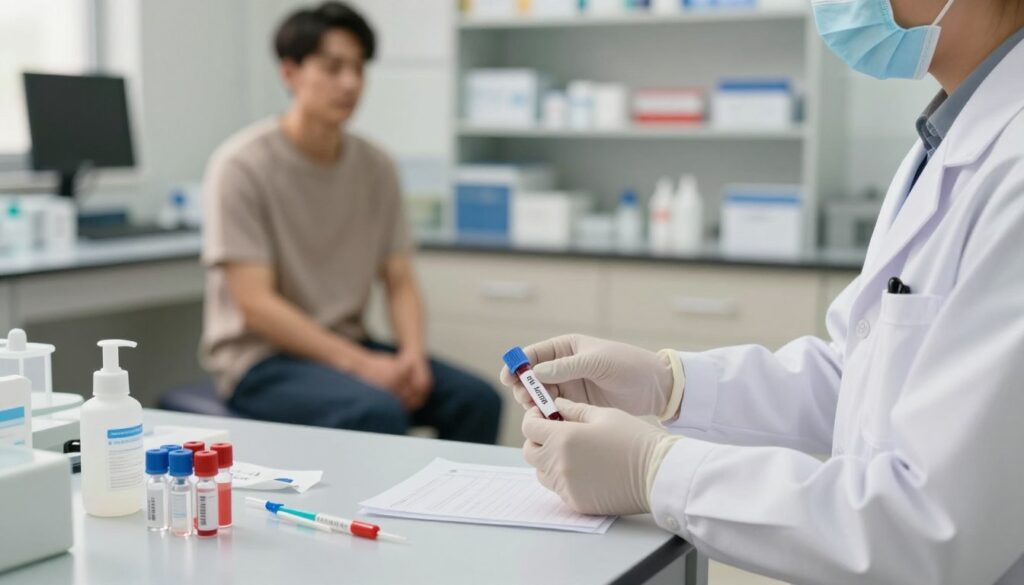 A medical laboratory setting for blood test preparation. In the foreground, a healthcare professional wearing a white lab coat and gloves carefully prepares a blood collection kit on a clean, sterile counter. There are several vials, needles, and antiseptic swabs neatly arranged. In the middle ground, a patient sits on an examination table, looking calm and ready for the procedure, dressed in modest casual clothing. Soft, warm lighting creates a reassuring atmosphere, emphasizing cleanliness and professionalism. The background features shelves stocked with medical supplies and equipment, slightly blurred to keep the focus on the preparation scene. The overall mood should be one of professionalism and care, suitable for a medical article on blood tests.