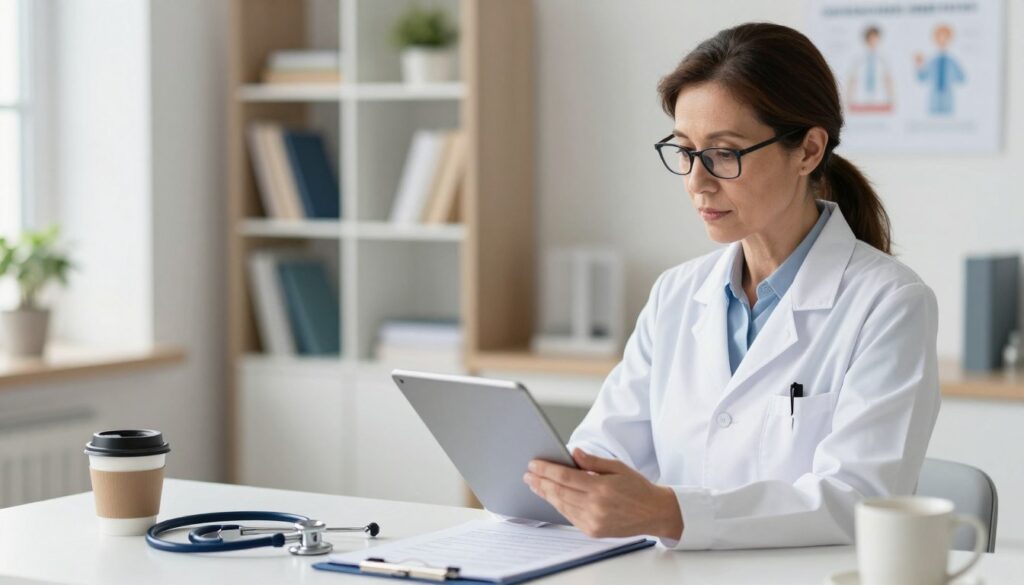 A medical professional, a middle-aged woman in a white lab coat, stands at a modern clinic desk reviewing blood test results on a tablet. She wears glasses and has an attentive expression. In the foreground, there are documents, a stethoscope, and a coffee mug, creating an organized workspace. The middle ground features the professional, while the background includes softly blurred shelves with medical books and charts, conveying a clinical atmosphere. Bright, natural light filters in through a window, casting soft shadows. The mood is serious yet approachable, emphasizing the importance of consulting a doctor for understanding blood test results. The scene should feel informative and reassuring, encouraging patients to seek medical advice.
