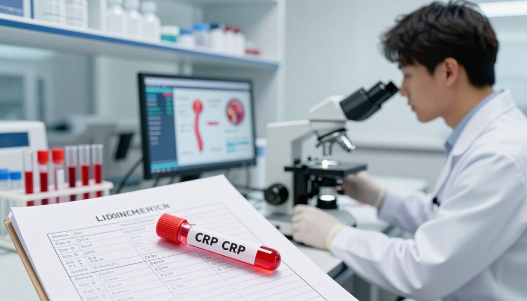 A medical professional, dressed in a white lab coat, examining a patient's blood sample under a bright laboratory light, showcasing a modern microscope and test tubes filled with vivid red blood samples. In the foreground, a close-up of a blood test report displaying elevated CRP levels is prominently featured, emphasizing the results. The middle ground features the medical professional engaged in analyzing data on a digital screen, with diagrams and infographics of inflammation processes in the background. The laboratory is sleek and well-organized, with a clean, sterile atmosphere. Soft, diffused lighting emphasizes the professionalism of the environment. The overall mood is serious and informative, reflecting the importance of understanding elevated CRP levels as an indicator of inflammation.