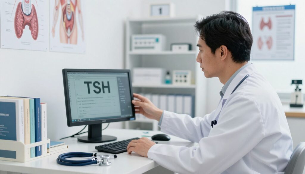 A medical professional, dressed in a white lab coat, stands in a well-lit clinical setting, examining a digital display showing elevated TSH (thyroid-stimulating hormone) levels. The foreground features the doctor intently studying the screen, with anatomical illustrations of the thyroid gland visible on the wall behind them. In the middle ground, a desktop cluttered with medical reference books and a stethoscope adds authenticity to the scene. The background includes shelves filled with medical equipment and charts, creating a rich context of a healthcare environment. Soft, natural lighting enhances the atmosphere, emphasizing the seriousness of the health topic while conveying a sense of professionalism and thoroughness. The overall mood is one of curiosity and concern, inviting the viewer to reflect on the implications of elevated thyroid levels.
