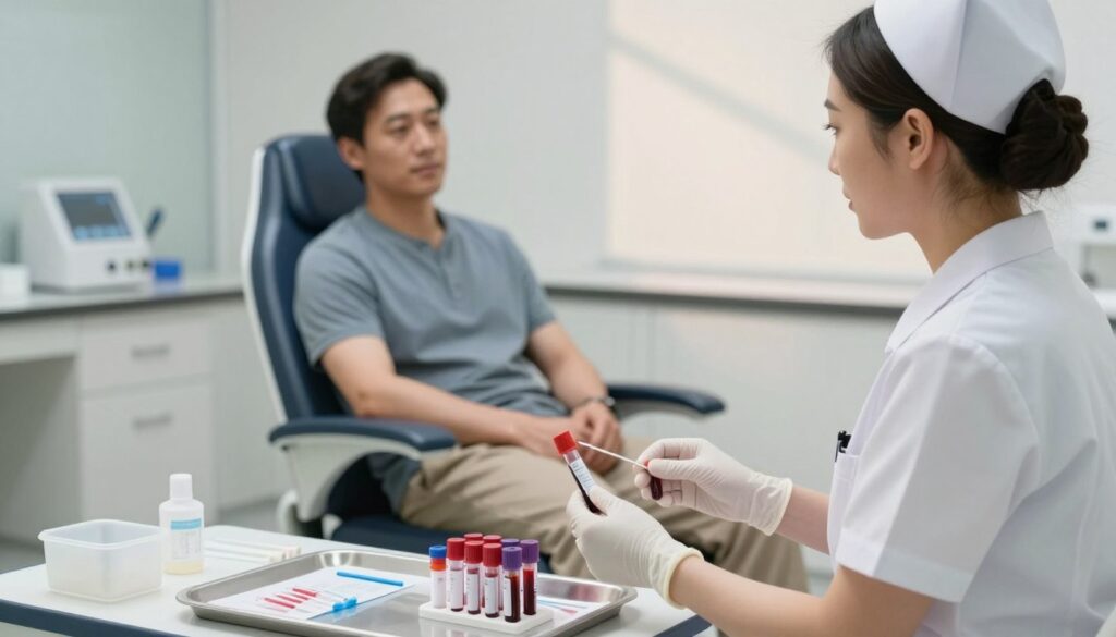 A medical professional in a clean, well-lit clinic preparing a blood test for a patient. In the foreground, a nurse wearing professional attire carefully organizes blood collection tubes and sterile equipment on a tray. The middle ground features a patient sitting comfortably in a medical chair, dressed in modest casual clothing, looking relaxed and reassured as they engage in conversation with the nurse. The background shows clinical equipment and soft, ambient lighting, creating a calm and professional atmosphere. Soft shadows enhance the space, evoking a sense of trust and care. The focus is on the preparation process, highlighting the compatibility between healthcare and patient comfort, without any text or distractions.