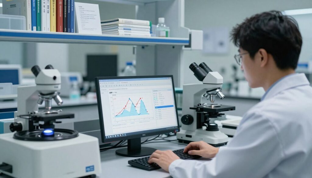A medical research scenario depicting a modern laboratory setting focused on pancreatic cancer diagnostics. In the foreground, a researcher in professional attire examines lab results on a computer screen, showcasing graphs and markers related to CRP (C-reactive protein) and OB (erythrocyte sedimentation rate). In the middle ground, various laboratory instruments, such as centrifuges and microscopes, are arranged neatly, hinting at the analytical process. The background features a well-organized lab with shelves containing medical textbooks and reference materials related to cancer research. Soft, focused lighting illuminates the scene, creating a calm and serious atmosphere. The lens perspective is slightly angled to emphasize the researcher’s engagement with the data, conveying the importance of these inflammatory markers in the diagnosis of pancreatic cancer.