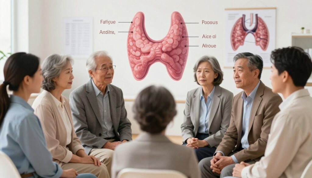 A medical-themed illustration focusing on the symptoms of thyroid disorders mistaken for aging. In the foreground, depict a diverse group of middle-aged and older adults (men and women) sharing their experiences in a discussion. They are dressed in professional attire, emphasizing a serious tone. The middle section should showcase clear, anatomical representations of the thyroid gland, possibly with informative visual elements like arrows pointing to specific symptomatic areas such as fatigue, weight changes, and mood fluctuations. In the background, a soft-focus image of a healthcare professional's office, with medical charts and thyroid diagrams, enhances the educational aspect. Use warm lighting to create an inviting yet professional atmosphere, shot from a slightly elevated angle to provide depth and clarity.