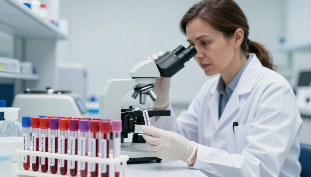 A meticulously arranged laboratory setting showcasing a medical professional in a white lab coat, examining a vial containing blood samples that demonstrate the Biernacki reaction. In the foreground, a detailed close-up of a test tube rack filled with various blood sample tubes, labeled clearly, emphasizing the crucial role of inflammation markers in cancer diagnostics. The middle ground features the medical professional, a middle-aged Caucasian woman, focused on her analysis with a microscope, reflecting diligence and precision. Soft, bright lighting enhances the sterile environment, while a faint blur of laboratory equipment, like a centrifuge and analytical devices, creates depth in the background. The overall atmosphere conveys a sense of significance and urgency in medical research, particularly in the context of cancer diagnostics.