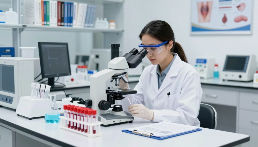 A modern laboratory setting designed for medical research on endometriosis, featuring a well-lit room with clean white surfaces and advanced equipment. In the foreground, multiple laboratory tests are laid out, including blood samples in clearly labeled centrifuge tubes and microscope slides. In the middle ground, a female scientist in a white lab coat, wearing safety goggles, analyzes a sample under a microscope, focused and professional. The background reveals shelves filled with medical textbooks and posters explaining endometriosis and inflammation markers. The atmosphere is serious yet hopeful, capturing the importance of laboratory investigations in understanding endometriosis. The lighting is bright and clinical, evoking a sense of precision and dedication in scientific research. A modern laboratory setting designed for medical research on endometriosis, featuring a well-lit room with clean white surfaces and advanced equipment. In the foreground, multiple laboratory tests are laid out, including blood samples in clearly labeled centrifuge tubes and microscope slides. In the middle ground, a female scientist in a white lab coat, wearing safety goggles, analyzes a sample under a microscope, focused and professional. The background reveals shelves filled with medical textbooks and posters explaining endometriosis and inflammation markers. The atmosphere is serious yet hopeful, capturing the importance of laboratory investigations in understanding endometriosis. The lighting is bright and clinical, evoking a sense of precision and dedication in scientific research.