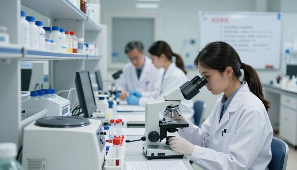 A modern laboratory setting featuring professional scientists and lab technicians engaged in the process of conducting blood tests. In the foreground, a focused female scientist in a white lab coat carefully analyzes samples under a microscope, surrounded by lab equipment like test tubes and a centrifuge. In the middle ground, a well-organized workspace displays neatly arranged medical charts and automated analyzers, emphasizing practical laboratory approaches. The background showcases shelves lined with medical reagents and an illuminated whiteboard with notes on specimen validity. Soft, diffused lighting enhances the clarity of the scene, conveying a sense of professionalism and diligence. The overall atmosphere is one of careful scrutiny and scientific precision, fitting for discussions about laboratory best practices.