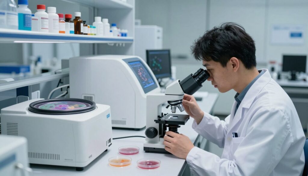 A modern laboratory setting focused on bacteriological diagnostics. In the foreground, a lab technician in a white lab coat is attentively examining bacterial cultures through a microscope, showcasing a range of Petri dishes with distinct bacterial growth. The middle ground features advanced lab equipment like centrifuges and a PCR machine, illuminated by soft, natural overhead lighting creating a calm atmosphere. In the background, shelves filled with colorful reagent bottles and a digital display showing molecular structures suggest cutting-edge technology. The overall mood is professional and focused, emphasizing the importance of accurate diagnostics in healthcare. The image is shot from a slightly elevated angle to capture the full scope of the lab environment.