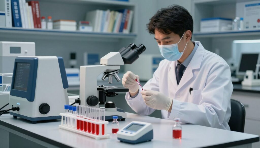A modern laboratory setting focused on hemoglobin diagnostics. In the foreground, a well-organized lab table displays various glass vials, test tubes with red liquid, and a hemoglobinometer, showcasing cutting-edge medical equipment. In the middle ground, a skilled laboratory technician, dressed in a crisp white lab coat, carefully analyzes a blood sample under a microscope. Soft, focused lighting enhances the scene, casting gentle shadows to create depth. The background features shelves filled with scientific books and reference materials, promoting an atmosphere of professionalism and precision. The overall mood reflects seriousness and dedication to scientific inquiry, inviting viewers into the intricate world of laboratory diagnostics related to low hemoglobin levels.
