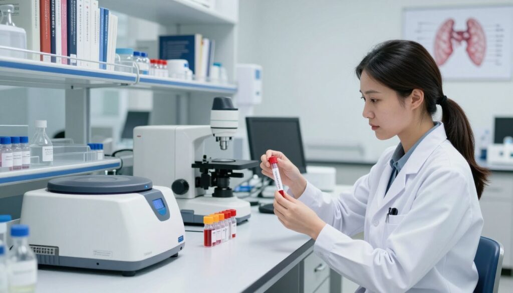 A modern laboratory setting focused on thyroid diagnostics. In the foreground, a professional female doctor in a lab coat examines thyroid test tubes with an analytical expression, showcasing her expertise. The middle ground features a sleek lab bench filled with advanced diagnostic equipment, including a centrifuge and an array of colorful vials. In the background, shelves filled with medical textbooks and charts on thyroid health provide context. The lighting is bright and clinical, with a focus on the work area to create a sense of precision and professionalism. The atmosphere is calm and scientific, reflecting the importance of thyroid health and diagnostics without including any people other than the doctor.