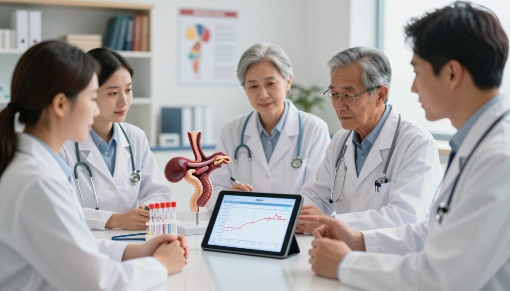 A modern medical illustration depicting the diagnostic significance of CRP levels in oncology patients. In the foreground, a diverse group of medical professionals dressed in white lab coats, engaged in a collaborative discussion over a digital tablet displaying graphically represented CRP data. In the middle ground, an anatomical model of the human esophagus is highlighted, surrounded by various medical tools and test tubes, illustrating the testing process. The background features a softly lit hospital setting, with shelves of medical books and charts on the walls. The lighting is bright but warm, evoking a sense of hope and professionalism. The atmosphere is focused and analytical, representing the seriousness of cancer diagnostics while retaining an element of encouragement for patient care.