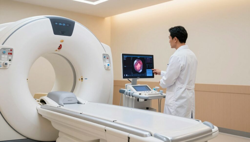 A modern medical imaging room showcasing advanced imaging equipment, such as an MRI scanner and ultrasound device, prominently placed in the foreground. In the middle of the scene, a healthcare professional in a lab coat is reviewing images on a computer screen, displaying cross-sectional visuals of soft tissue tumors. The background features soothing colors, with soft overhead lighting creating a warm, professional atmosphere. The angle captures both the equipment and the healthcare professional's focused expression, emphasizing the importance of diagnostic imaging in identifying sarcoma. The mood is one of professionalism and hope, highlighting the role of imaging in cancer detection without any distractions or text elements.