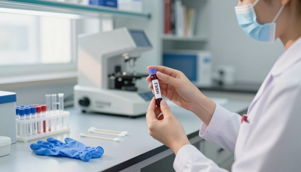 A modern medical laboratory setting, focused on a TSH test preparation area. In the foreground, a close-up of a nurse in professional attire, gently holding a blood sample vial labeled "TSH". In the middle ground, a neatly arranged table with medical supplies, including gloves, cotton swabs, and test tubes. The background features a sleek, well-lit lab with high-tech equipment and shelves of medical reference books. Soft, natural lighting filters through a nearby window, casting a warm glow over the scene, creating a calm and professional atmosphere. The overall focus is on the precision and importance of the TSH test, emphasizing readiness for the procedure. No individuals are shown, allowing for a clean, informative representation. A modern medical laboratory setting, focused on a TSH test preparation area. In the foreground, a close-up of a nurse in professional attire, gently holding a blood sample vial labeled "TSH". In the middle ground, a neatly arranged table with medical supplies, including gloves, cotton swabs, and test tubes. The background features a sleek, well-lit lab with high-tech equipment and shelves of medical reference books. Soft, natural lighting filters through a nearby window, casting a warm glow over the scene, creating a calm and professional atmosphere. The overall focus is on the precision and importance of the TSH test, emphasizing readiness for the procedure. No individuals are shown, allowing for a clean, informative representation.