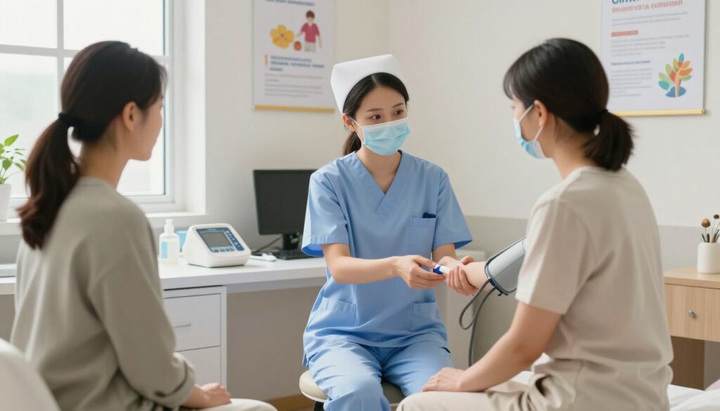 A peaceful and informative scene depicting a well-lit, modern medical office where a healthcare professional prepares a patient for a blood test. In the foreground, a compassionate nurse, dressed in professional scrubs, gently explains the procedure to a patient seated on an exam table, dressed in modest casual clothing. In the middle ground, medical equipment like a blood pressure monitor and sterile supplies are neatly arranged on a counter. The background features calming colors, with motivational health posters on the walls. Soft, natural light filters in through a window, creating a serene and reassuring atmosphere that conveys trust and professionalism, while emphasizing the importance of preparation for a blood draw.