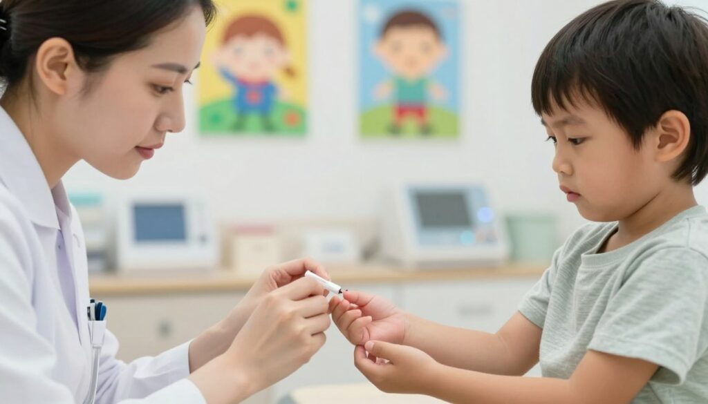A pediatric nurse gently performing a finger prick blood draw on a small child in a brightly lit clinic. The nurse, dressed in a professional white uniform, appears calm and reassuring, as she comforts the child, who looks slightly anxious yet brave. In the foreground, focus on the nurse's careful hands holding a small lancet near the child's fingertip. The background includes colorful children's artwork and medical equipment, creating a warm and welcoming environment. Soft, diffused lighting enhances the friendly atmosphere, evoking a sense of safety and care. The image captures the moment with a close-up perspective, emphasizing the child's hand and the gentle action of the blood draw, reflecting a professional yet compassionate healthcare experience.