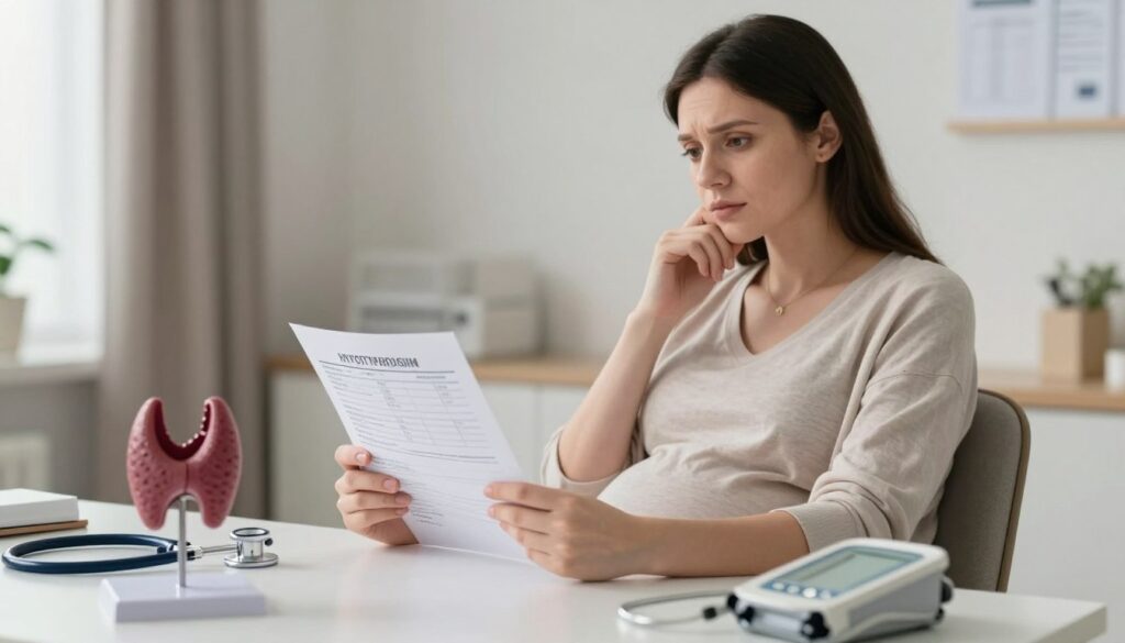 A pregnant woman sitting in a well-lit doctor's office, wearing modest casual clothing, looking thoughtfully at a chart showing thyroid function results. In the foreground, a soft, focused view of a thyroid gland model, symbolizing its importance during pregnancy. In the middle ground, the woman is surrounded by medical paraphernalia like a stethoscope and a blood pressure monitor, conveying a sense of concern. The background features calming, neutral colors with gentle lighting to create a serene atmosphere, emphasizing the connection between maternal health and thyroid function. The overall mood is reflective and serious, highlighting the significance of treating hypothyroidism during pregnancy.