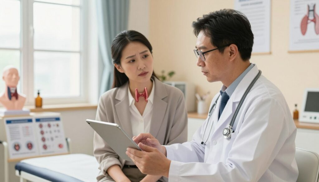 A professional healthcare environment focused on thyroid treatment. In the foreground, a medical doctor, wearing a white lab coat and glasses, is examining a patient’s thyroid scan on a tablet, looking thoughtfully. The patient, dressed in business casual attire, shows calm concern. In the middle, an examination room filled with medical charts and thyroid educational materials. A model of a human neck highlighting the thyroid gland is visible on a shelf. The background features soft, warm lighting with a large window allowing natural light to create a welcoming atmosphere. The walls are painted in soothing pastel colors. The overall mood is serious yet hopeful, emphasizing the importance of health monitoring and treatment methods for thyroid conditions.