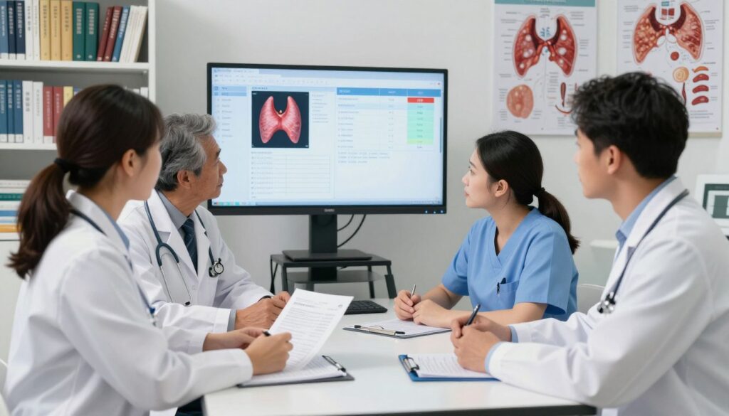A professional healthcare setting focused on thyroid diagnosis. In the foreground, a diverse group of medical professionals—two doctors in crisp white coats and a nurse in smart scrubs—discuss findings around a modern examination table. The middle ground features a large digital display showing thyroid function graphs and test results, prominently displaying elevated TSH levels. The background contains shelves filled with medical textbooks and thyroid-related anatomy posters. Soft, diffused lighting enhances clarity and professionalism, while a slight angle from above gives a comprehensive view of the consultation process. The overall atmosphere is serious yet collaborative, capturing the essence of differential diagnosis for high TSH levels.