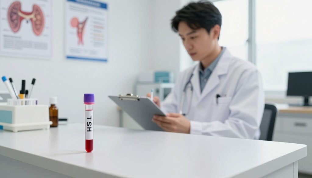 A professional healthcare setting, showcasing a well-organized examination room focused on thyroid testing. In the foreground, a clear glass tube filled with blood samples labeled 'TSH' on a clean counter. In the middle ground, a doctor in a white lab coat prepares for testing, consulting a clipboard with patient instructions. There are medical instruments and charts on the walls, illustrating thyroid health. The background features soft, natural lighting from a window, creating an inviting atmosphere. The scene conveys meticulousness and professionalism, emphasizing the importance of proper preparation for thyroid testing. The composition captures the significance of accurate testing in healthcare, with a focus on clarity and organization.