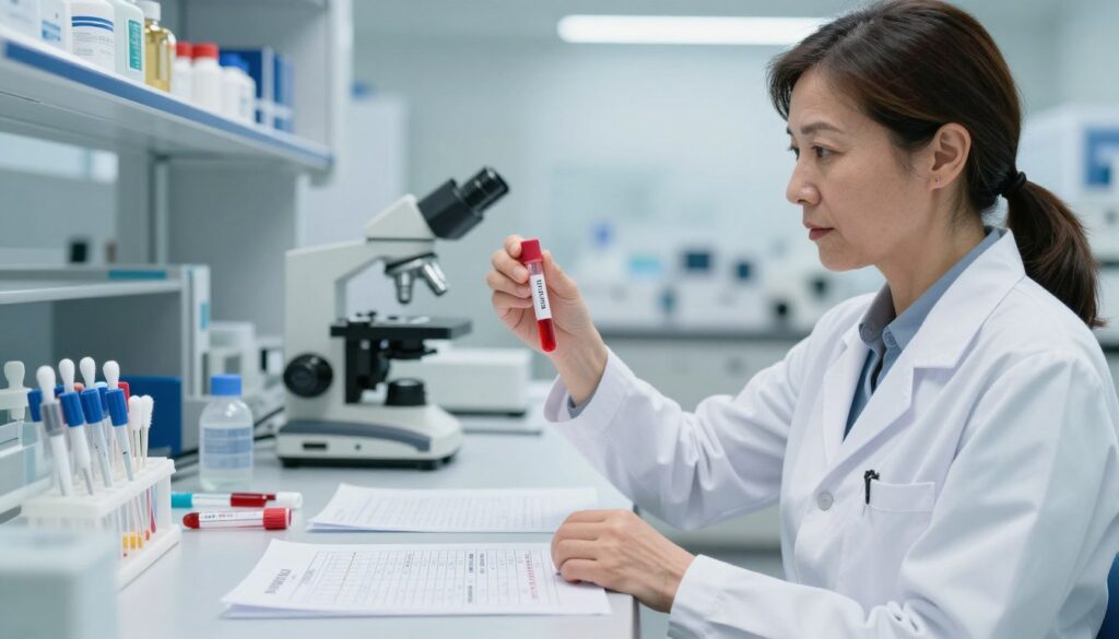 A professional medical examination setting focused on D-dimer testing. In the foreground, a healthcare professional, a middle-aged Caucasian woman in a lab coat, is holding a test tube with a bright red liquid, indicating the D-dimer test. The middle layer features a desk cluttered with medical tools like pipettes, cotton swabs, and charts displaying blood test results. In the background, a well-lit laboratory with shelves filled with medical books and equipment, including a microscope. Soft, ambient lighting creates a calm and serious atmosphere, emphasizing the importance of D-dimer levels in risk assessment. The scene captures the focus and diligence of medical research and patient care with a clean, sterile environment. A professional medical examination setting focused on D-dimer testing. In the foreground, a healthcare professional, a middle-aged Caucasian woman in a lab coat, is holding a test tube with a bright red liquid, indicating the D-dimer test. The middle layer features a desk cluttered with medical tools like pipettes, cotton swabs, and charts displaying blood test results. In the background, a well-lit laboratory with shelves filled with medical books and equipment, including a microscope. Soft, ambient lighting creates a calm and serious atmosphere, emphasizing the importance of D-dimer levels in risk assessment. The scene captures the focus and diligence of medical research and patient care with a clean, sterile environment.