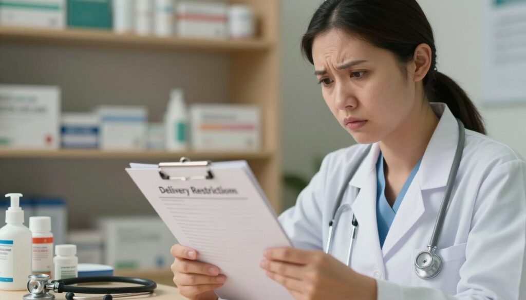 A professional medical setting featuring a close-up of a healthcare professional in a white coat, looking concerned while holding a chart labeled "Delivery Restrictions" in one hand. In the foreground, a stethoscope and medical supplies are neatly arranged, symbolizing the healthcare environment. The middle ground reveals a blurred view of shelves with medical products partially stocked, hinting at delivery issues. The background is softly lit, suggesting a sterile, yet slightly tense atmosphere of a clinic. Use warm lighting for a sense of compassion, while maintaining a focus on the subject's serious expression. Capture this image from a slight angle to add depth, conveying the complexity and importance of medical product supply limitations.