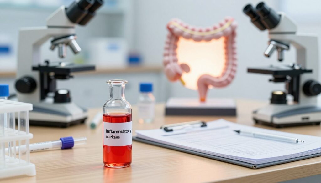 A scientific workspace showcasing inflammatory markers in oncology. In the foreground, focus on a glass laboratory vial filled with a bright red liquid, symbolizing a marker of inflammation, with precise labels. The middle ground features a wooden table scattered with various laboratory equipment: pipettes, a microscope, and a notepad with medical charts. In the background, a softly glowing light illuminates an anatomical model of the large intestine, emphasizing its importance in cancer diagnostics. The overall atmosphere is clinical and professional, conveying the seriousness of cancer research. The lighting is bright and sterile, suggesting a research laboratory environment, shot from a slightly elevated angle to capture depth. No people are present, ensuring a clean, focused image on the subject.