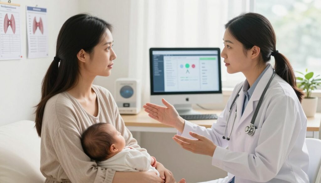 A serene and informative healthcare setting focusing on thyroid health post-delivery. In the foreground, a compassionate female doctor, dressed in professional attire, discusses thyroid monitoring with a young mother in modest casual clothing. The mother, with a calm expression, is holding her newborn baby. In the middle ground, a well-organized examination room is visible, equipped with medical charts and a computer displaying thyroid-related data. The background features soft, natural light filtering through a window, creating a warm and reassuring atmosphere. The overall mood is supportive and professional, emphasizing the importance of health monitoring after childbirth. Capture the scene with a slightly elevated perspective to convey a sense of comfort and safety in this crucial healthcare moment.