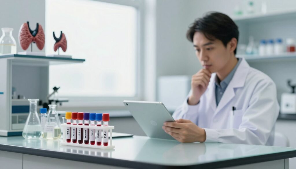 A serene and informative laboratory setting showcasing various thyroid hormone tests, particularly TSH, FT3, and FT4. In the foreground, a glass countertop holds colorful vials filled with blood samples, each labeled meticulously. In the middle ground, a medical professional in professional attire examines results on a tablet, capturing a thoughtful expression. The background features a well-organized shelf with anatomical models of the thyroid, adjacent to a bright window allowing natural light to illuminate the scene. The atmosphere is calm and scientific, conveying trust and expertise. The lighting is soft yet focused, with a slight depth of field effect to emphasize the foreground objects while gently blurring the background.