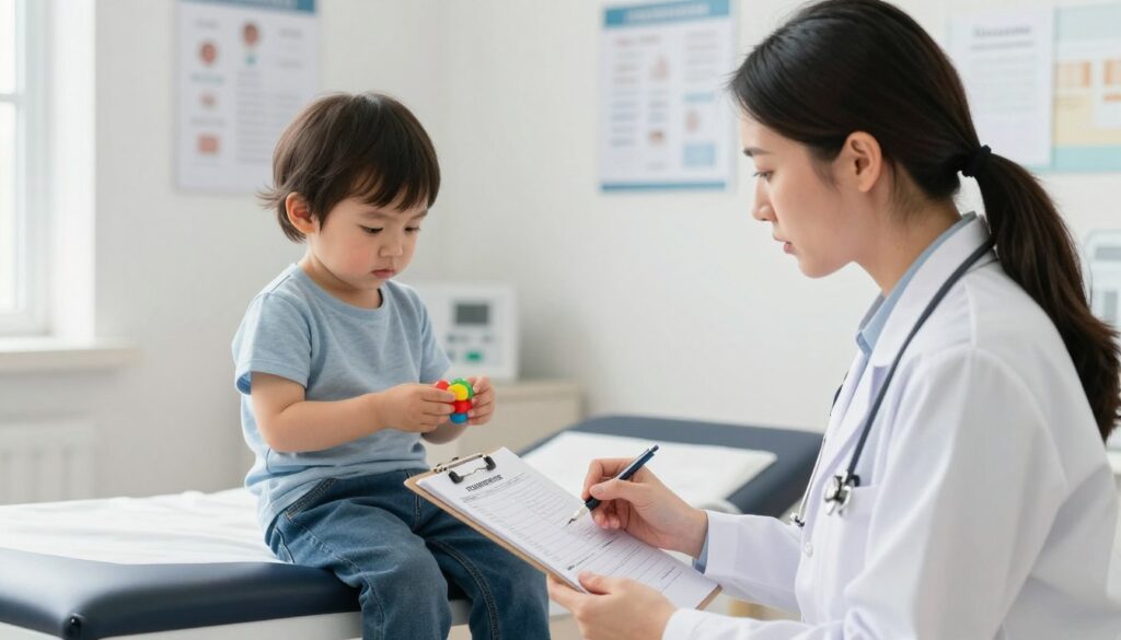 A serene and informative scene depicting a pediatrician examining a young child in a clinic setting, emphasizing the importance of understanding monocytosis in children. The foreground features a caring pediatrician, a woman in professional attire, gently looking at the blood test results on a clipboard, with a concerned yet reassuring expression. In the middle ground, the child, a toddler, sits on an examination table, displaying an expression of curiosity while interacting with a toy. The background includes medical charts on the wall and a soft, natural light streaming through a window, creating a warm and inviting atmosphere. The image should evoke a sense of care, professionalism, and the importance of pediatric health. The focus should be on the interaction between the doctor and the child, capturing a moment of understanding in a clinical environment.