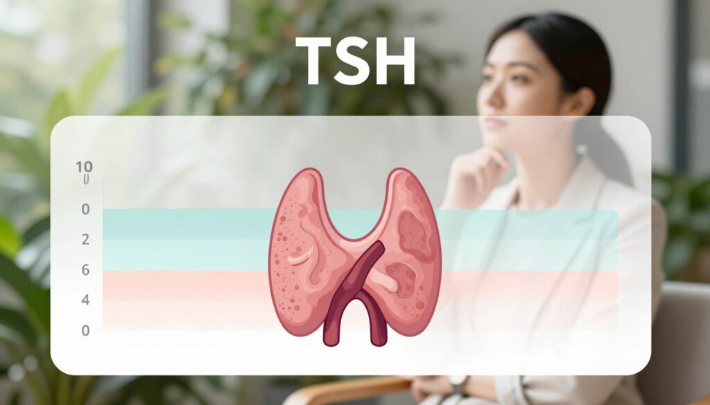 A serene and informative visual representation of thyroid hormone levels, specifically TSH (Thyroid Stimulating Hormone), focusing on women trying to conceive. In the foreground, a detailed illustration of a thyroid gland, anatomically correct and positioned centrally. The middle layer features graphical elements like a clean, modern chart showing TSH levels, with highlighted zones indicating normal ranges, in soft pastel colors for clarity. In the background, a soft-focus depiction of a healthy woman in business casual attire, looking thoughtfully at the chart, surrounded by greenery to evoke a sense of calm and hope. The lighting is bright and natural, creating an uplifting atmosphere. The angle is slightly elevated, capturing both the thyroid illustration and the woman, without any text or distracting elements.