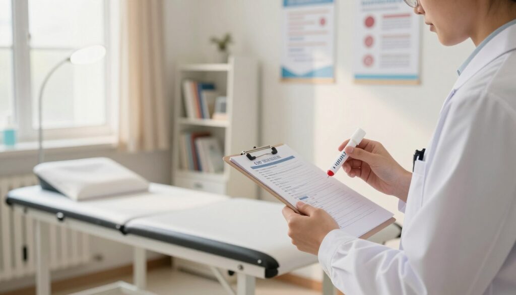 A serene and organized medical examination room, showcasing a light, calming atmosphere. In the foreground, a person dressed in professional medical attire is preparing for a CRP test, holding medical supplies and reviewing a checklist. The middle ground features a clean examination table equipped with medical instruments and a soft light filtering through a window, providing a warm glow. The background includes shelves with neatly arranged medical textbooks and informational posters about CRP testing. The lighting is bright yet soft, creating a reassuring environment. The overall mood is focused and professional, emphasizing the importance of preparation for a medical test.