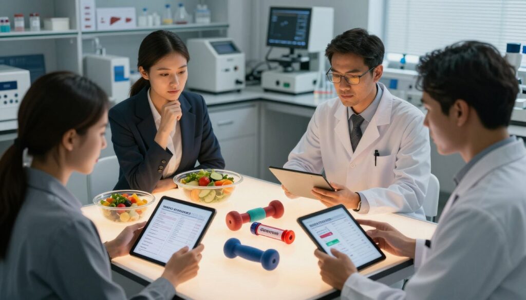 A serene and professional laboratory setting focused on the influence of lifestyle on laboratory test results. In the foreground, a diverse group of three professionals in business attire are analyzing blood test results on digital tablets, displaying thoughtful expressions. In the middle, an illuminated table features various health-related items like a healthy meal plan, exercise equipment, and stress management tools, symbolizing lifestyle choices. The background shows laboratory equipment and charts reflecting liver health, with soft, natural lighting creating a warm and inviting atmosphere. The camera angle should be slightly elevated, capturing the dynamic interaction among the professionals and the lifestyle elements prominently. Aim for a mood of collaboration and insight, emphasizing the connection between lifestyle and health outcomes.